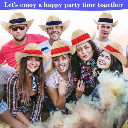 ليوموي 12 قطعة من قبعات رعاة البقر الغربية مع باندانا حمراء كلاسيكية من القش، قبعة مزارع للمزارعين لحفلات رعاة البقر روديو والحفلات التنكرية للنساء والرجال، احمر وازرق in Kuwait