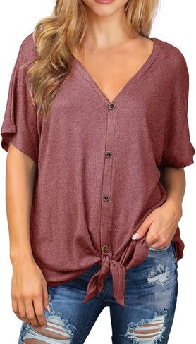 بلوزة نسائية من IWOLLENCE بتصميم وافل متماسكة وأكمام قصيرة من Henley، قمصان فضفاضة مناسبة بجناح الخفافيش in Kuwait