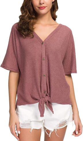 بلوزة نسائية من IWOLLENCE بتصميم وافل متماسكة وأكمام قصيرة من Henley، قمصان فضفاضة مناسبة بجناح الخفافيش in Kuwait
