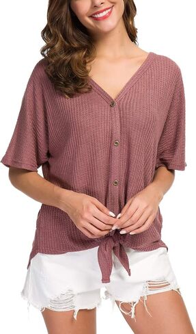 بلوزة نسائية من IWOLLENCE بتصميم وافل متماسكة وأكمام قصيرة من Henley، قمصان فضفاضة مناسبة بجناح الخفافيش in Kuwait