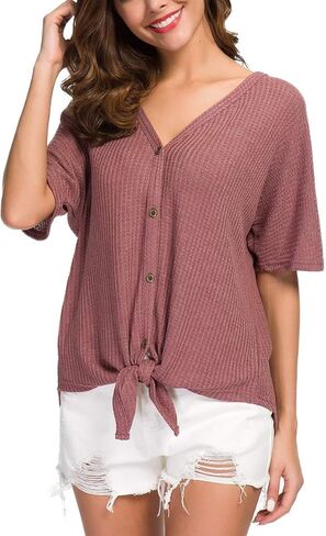 بلوزة نسائية من IWOLLENCE بتصميم وافل متماسكة وأكمام قصيرة من Henley، قمصان فضفاضة مناسبة بجناح الخفافيش in Kuwait