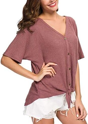 بلوزة نسائية من IWOLLENCE بتصميم وافل متماسكة وأكمام قصيرة من Henley، قمصان فضفاضة مناسبة بجناح الخفافيش in Kuwait
