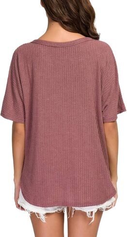 بلوزة نسائية من IWOLLENCE بتصميم وافل متماسكة وأكمام قصيرة من Henley، قمصان فضفاضة مناسبة بجناح الخفافيش in Kuwait
