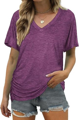ELIY BASIC Women's Short Sleeve V Neck Pleated T Shirts Summer Loose Fit Basic Tunic with Side Shirring Casual Top Tees in Saudi Arabia