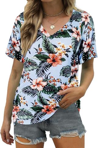 ELIY BASIC Women's Short Sleeve V Neck Pleated T Shirts Summer Loose Fit Basic Tunic with Side Shirring Casual Top Tees in Saudi Arabia