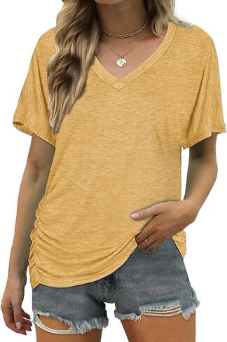 ELIY BASIC Women's Short Sleeve V Neck Pleated T Shirts Summer Loose Fit Basic Tunic with Side Shirring Casual Top Tees in Saudi Arabia