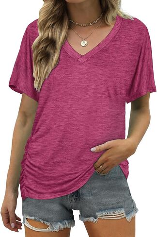 ELIY BASIC Women's Short Sleeve V Neck Pleated T Shirts Summer Loose Fit Basic Tunic with Side Shirring Casual Top Tees in Saudi Arabia