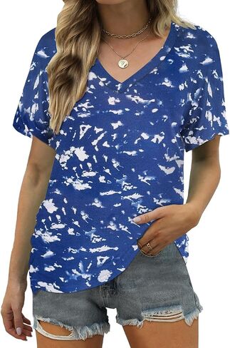 ELIY BASIC Women's Short Sleeve V Neck Pleated T Shirts Summer Loose Fit Basic Tunic with Side Shirring Casual Top Tees in Saudi Arabia