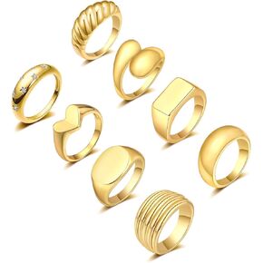 Honsny 8 قطع خواتم مكتنزة على شكل قبة ذهبية للنساء 18 قيراط مطلية بالذهب خاتم مجدول ملتوي خاتم سيغنت مكتنز الحد الأدنى خواتم بيان حجم 5 إلى 9 in Kuwait