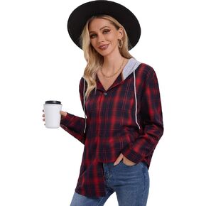 APWKL المرأة مقنعين منقوشة قميص من الفلانيل سترة زر أسفل قمصان طويلة الأكمام بلوزة عادية موضة صديقها بلايز جيوب in Kuwait