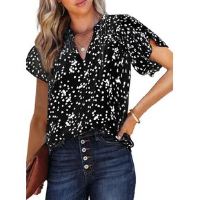 Dokotoo Women's Casual V Neck Alicia Floral Print Smocked Short Sleeve Chiffon Blouses Bohemian Top Shirts