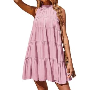 Okiwam Women Summer Casual 2024 Sleeveless Halter Dress Ruffle Flowy Boho Sun Dress Loose Swing Pleated Cocktail Mini Dress