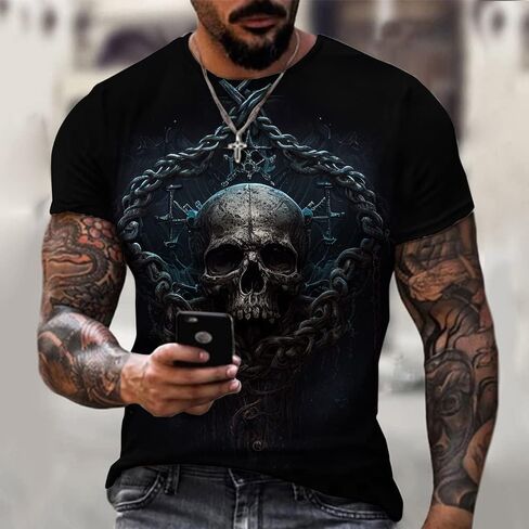 Taamlou Men's Street Skull Muscle Short Sleeve Print Personality Fashion Fashion T-Shirt in Saudi Arabia