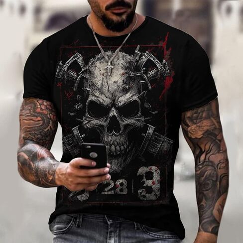 Taamlou Men's Street Skull Muscle Short Sleeve Print Personality Fashion Fashion T-Shirt in Saudi Arabia