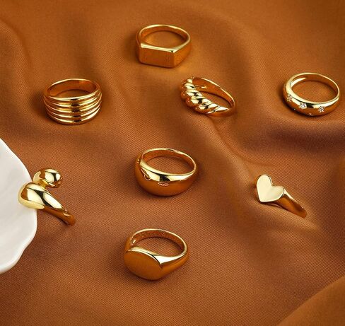 Honsny 8 قطع خواتم مكتنزة على شكل قبة ذهبية للنساء 18 قيراط مطلية بالذهب خاتم مجدول ملتوي خاتم سيغنت مكتنز الحد الأدنى خواتم بيان حجم 5 إلى 9 in Kuwait