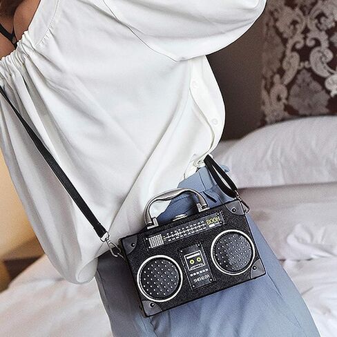 Vintage Radio Recorder Clutch Handbag Leather Top Metal Handle Crossbody Small Box Bag Shoulder Bag in Kuwait