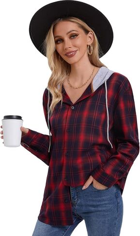 APWKL المرأة مقنعين منقوشة قميص من الفلانيل سترة زر أسفل قمصان طويلة الأكمام بلوزة عادية موضة صديقها بلايز جيوب in Kuwait