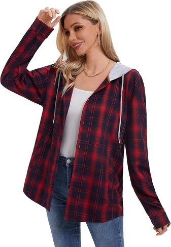 APWKL المرأة مقنعين منقوشة قميص من الفلانيل سترة زر أسفل قمصان طويلة الأكمام بلوزة عادية موضة صديقها بلايز جيوب in Kuwait