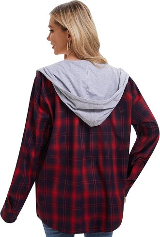 APWKL المرأة مقنعين منقوشة قميص من الفلانيل سترة زر أسفل قمصان طويلة الأكمام بلوزة عادية موضة صديقها بلايز جيوب in Kuwait