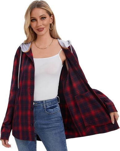 APWKL المرأة مقنعين منقوشة قميص من الفلانيل سترة زر أسفل قمصان طويلة الأكمام بلوزة عادية موضة صديقها بلايز جيوب in Kuwait