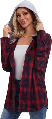 APWKL المرأة مقنعين منقوشة قميص من الفلانيل سترة زر أسفل قمصان طويلة الأكمام بلوزة عادية موضة صديقها بلايز جيوب in Kuwait