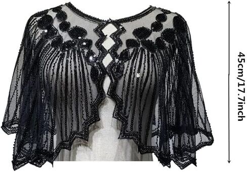 Lady's 1920s Shawl, Bridal Shawl Cover Up Evening Cape Sequin Deco Flapper Gatsby Themed And Wedding Party Shawl, Black, middle in Saudi Arabia
