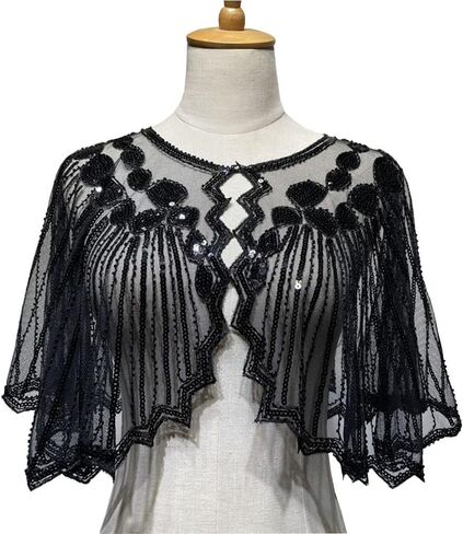 Lady's 1920s Shawl, Bridal Shawl Cover Up Evening Cape Sequin Deco Flapper Gatsby Themed And Wedding Party Shawl, Black, middle in Saudi Arabia
