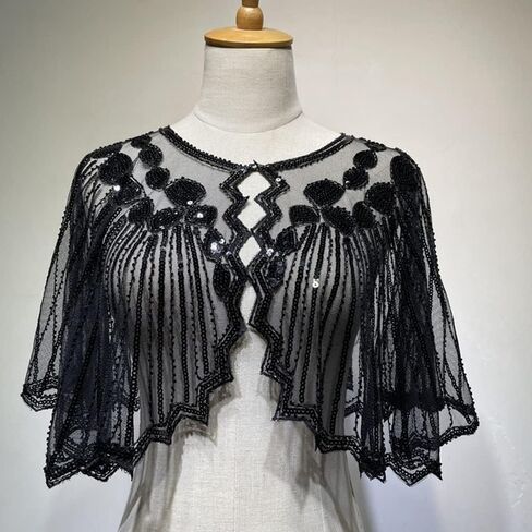 Lady's 1920s Shawl, Bridal Shawl Cover Up Evening Cape Sequin Deco Flapper Gatsby Themed And Wedding Party Shawl, Black, middle in Saudi Arabia