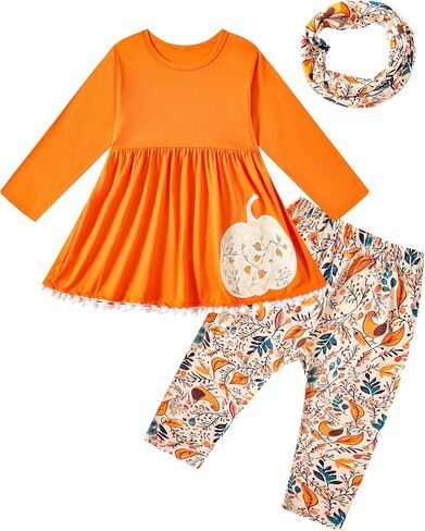 Fantasy Era 3 قطع للأطفال الصغار والبنات لعيد الشكر على شكل يقطين تركيا، تنورة علوية بأكمام طويلة مع عصابة رأس in Kuwait