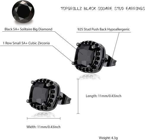 TOPGRILLZ Square Stud Earrings 925 Sterling Silver 5A+ Cubic Zirconia 14K Gold Black Diamonds Stud Earrings For Men Women Aretes De Hombre in Kuwait