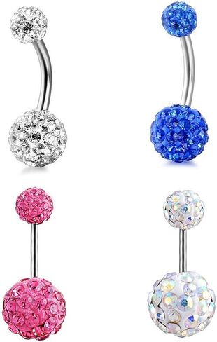 GIVUFUN 4 قطعة النساء زركون حلقات زر البطن متعددة الألوان الكرة شكل الفولاذ المقاوم للصدأ البطن زر حلقة in Kuwait