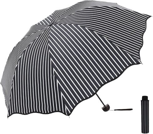 URAWESO Striped Parasol UV Protection Travel Beach Compact Folding Sun Rain Umbrella for Walking (Black) in Kuwait