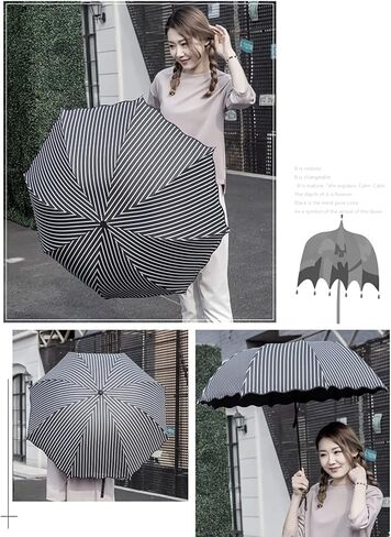 URAWESO Striped Parasol UV Protection Travel Beach Compact Folding Sun Rain Umbrella for Walking (Black) in Kuwait