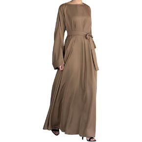 QYUU Women's Muslim Kaftan Abaya Dress Long Sleeve Self Tie Maxi Dress Middle East Arabian Robe Gown