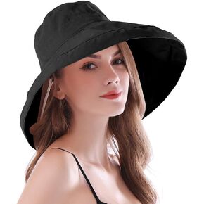 iHomey Women Wide Brim Sun Hats with Strap Foldable UPF 50+ Sun Protective Cotton Bucket Hat Anti UV Beach Holiday Hat