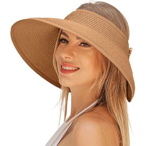 Sun Visor Hats for Women, Wide Brim Straw Sun Hats Topless Roll Up Adjustable Beach Hat for Beach Travel Holiday in Kuwait