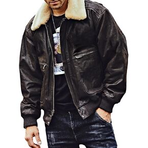FLAVOR Men's Real Leather Bomber Jacket with Removable Fur Collar Aviator
