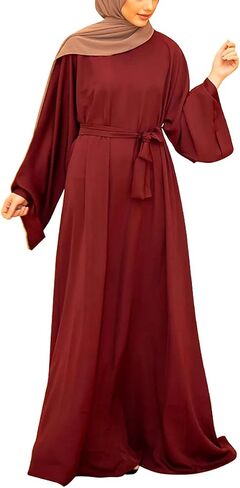 QYUU Women's Muslim Kaftan Abaya Dress Long Sleeve Self Tie Maxi Dress Middle East Arabian Robe Gown in Saudi Arabia
