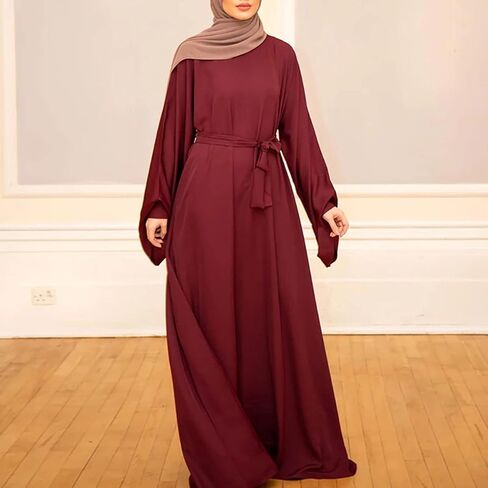 QYUU Women's Muslim Kaftan Abaya Dress Long Sleeve Self Tie Maxi Dress Middle East Arabian Robe Gown in Saudi Arabia