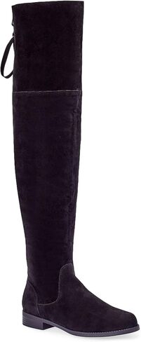 حذاء JustFab Ramona النسائي من الجلد السويدي الصناعي فوق الركبة - سهل الارتداء، تفاصيل ربطة عنق خلفية، حذاء مسطح in Kuwait