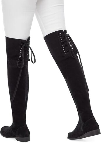 حذاء JustFab Ramona النسائي من الجلد السويدي الصناعي فوق الركبة - سهل الارتداء، تفاصيل ربطة عنق خلفية، حذاء مسطح in Kuwait