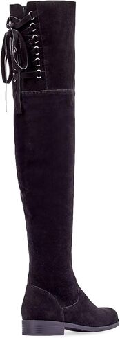 حذاء JustFab Ramona النسائي من الجلد السويدي الصناعي فوق الركبة - سهل الارتداء، تفاصيل ربطة عنق خلفية، حذاء مسطح in Kuwait