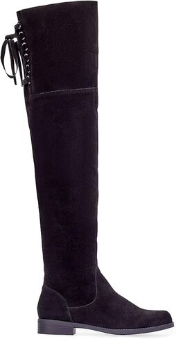 حذاء JustFab Ramona النسائي من الجلد السويدي الصناعي فوق الركبة - سهل الارتداء، تفاصيل ربطة عنق خلفية، حذاء مسطح in Kuwait