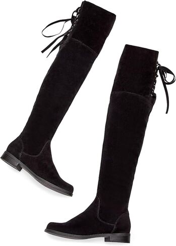 حذاء JustFab Ramona النسائي من الجلد السويدي الصناعي فوق الركبة - سهل الارتداء، تفاصيل ربطة عنق خلفية، حذاء مسطح in Kuwait