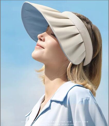 huablo]Wide Brim Sun Visor Hat for Women Golf Visor Cap UV Protection Hat for Beach Tennis BKMao-0002 Off-White, Off-white, 3 in Saudi Arabia