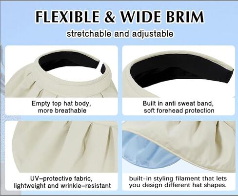 huablo]Wide Brim Sun Visor Hat for Women Golf Visor Cap UV Protection Hat for Beach Tennis BKMao-0002 Off-White, Off-white, 3 in Saudi Arabia