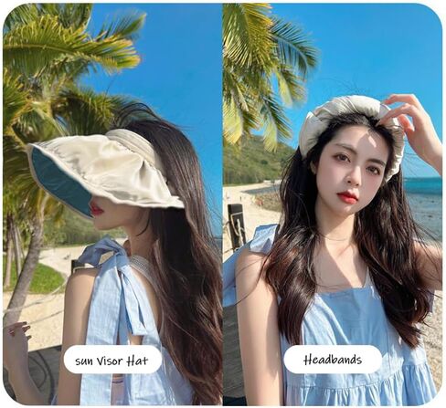 huablo]Wide Brim Sun Visor Hat for Women Golf Visor Cap UV Protection Hat for Beach Tennis BKMao-0002 Off-White, Off-white, 3 in Saudi Arabia
