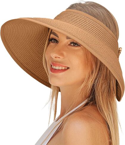 قبعات واقية من الشمس للنساء، قبعات شمسية ذات حافة واسعة من القش بدون أكمام، قبعة شاطئ قابلة للتعديل لقضاء عطلة السفر على الشاطئ in Kuwait
