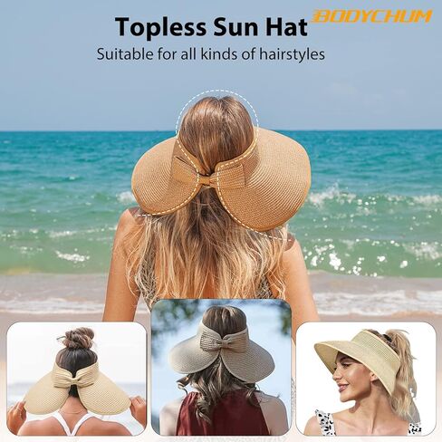 قبعات واقية من الشمس للنساء، قبعات شمسية ذات حافة واسعة من القش بدون أكمام، قبعة شاطئ قابلة للتعديل لقضاء عطلة السفر على الشاطئ in Kuwait