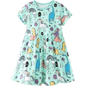 Toddler Girls Cotton Dinosaur Tunic Dress Short Sleeve Summer Casual Outfit 2-7T in Saudi Arabia